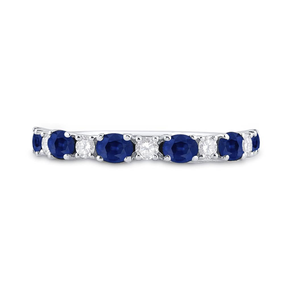 14k White Gold Oval Blue Sapphire Diamond Alternating Band Ring 1-1/2 Cttw