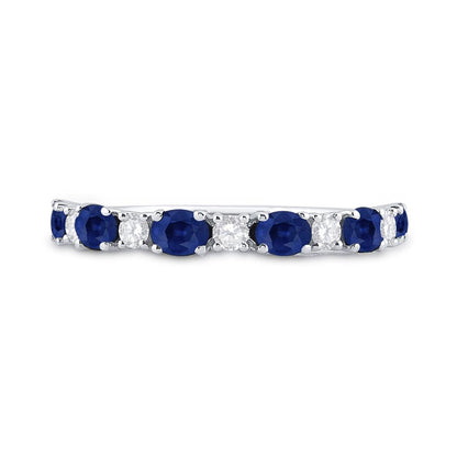 14k White Gold Oval Blue Sapphire Diamond Alternating Band Ring 1-1/2 Cttw