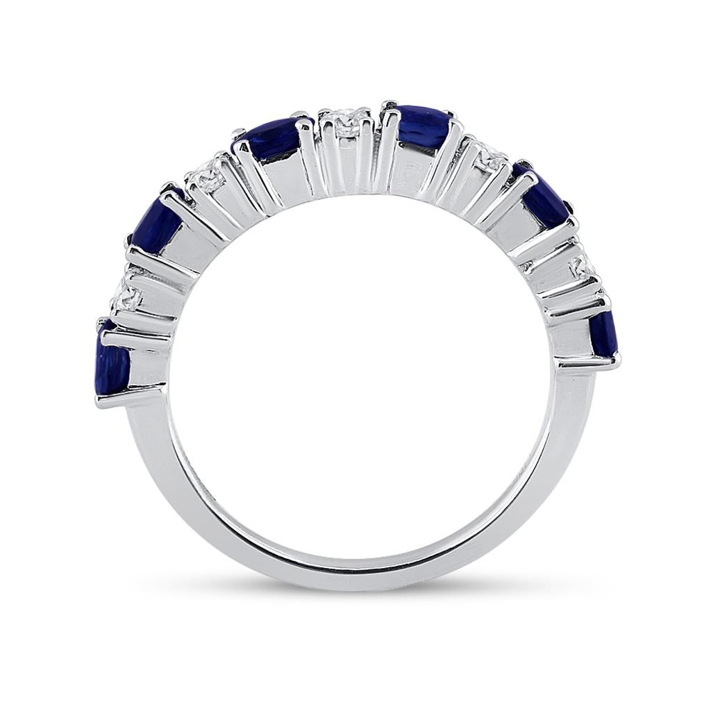 14k White Gold Oval Blue Sapphire Diamond Alternating Band Ring 1-1/2 Cttw