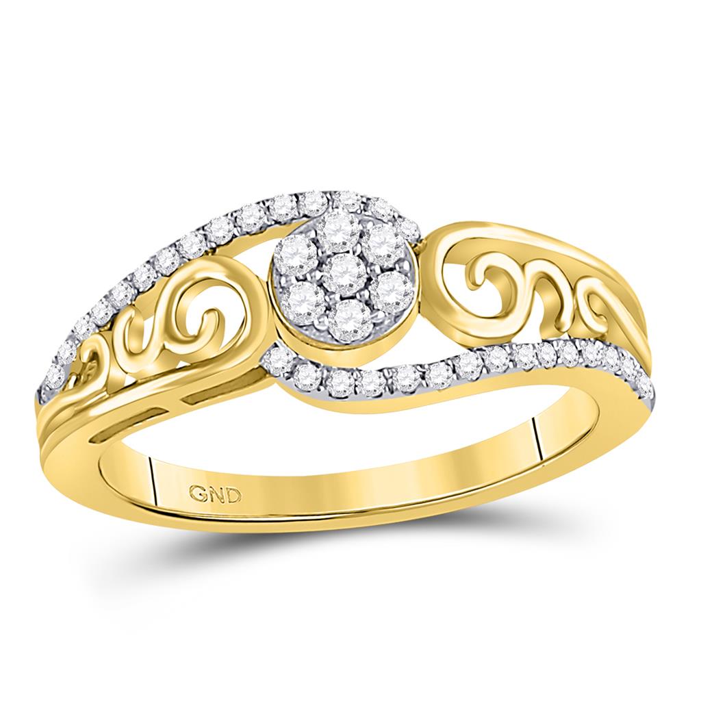 10k Yellow Gold Round Diamond Flower Cluster Scroll Curl Ring 1/4 Cttw