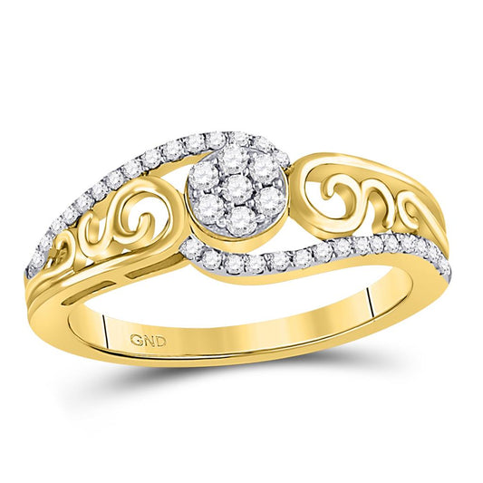 10k Yellow Gold Round Diamond Flower Cluster Scroll Curl Ring 1/4 Cttw