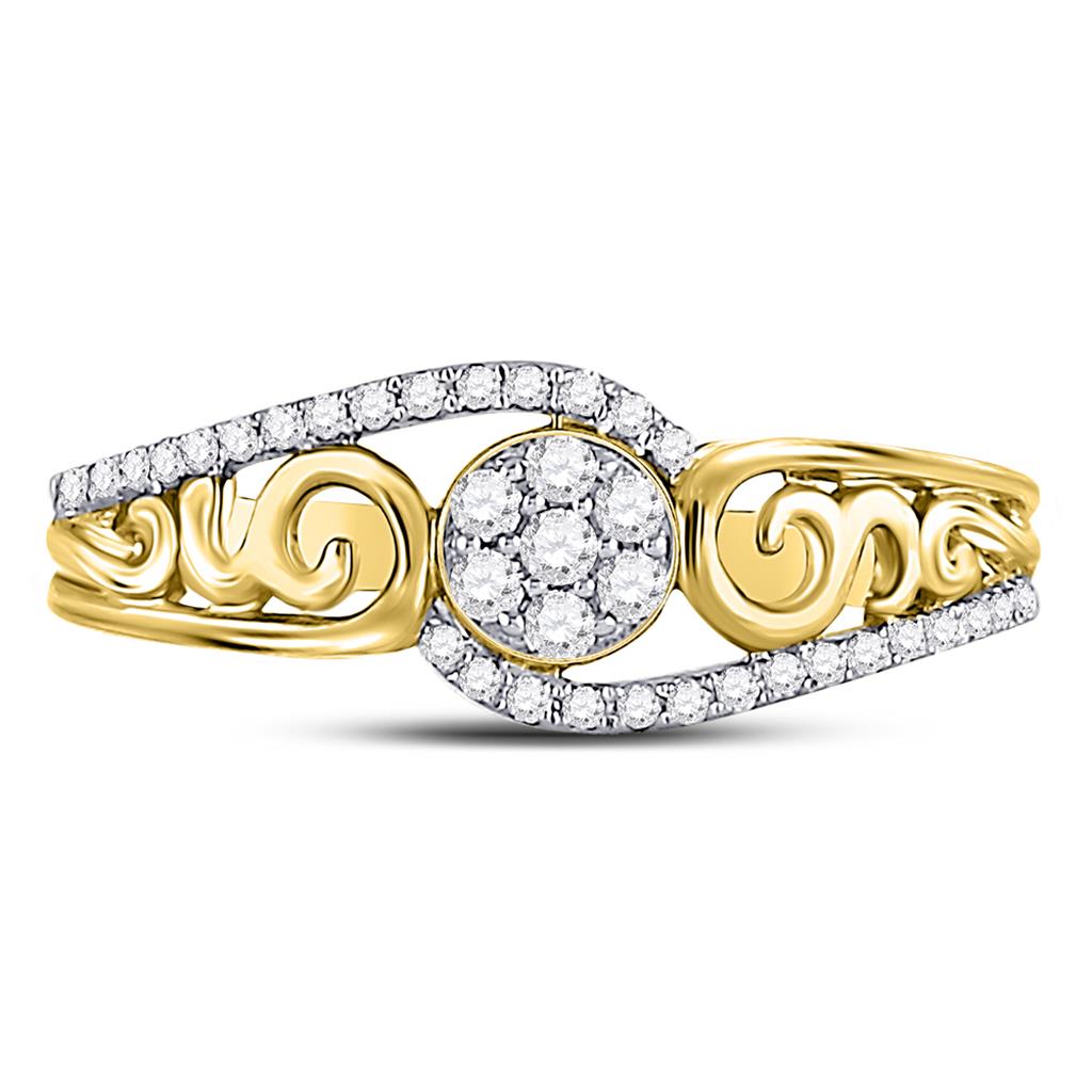 10k Yellow Gold Round Diamond Flower Cluster Scroll Curl Ring 1/4 Cttw