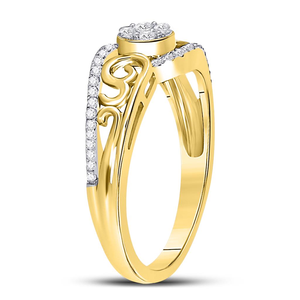 10k Yellow Gold Round Diamond Flower Cluster Scroll Curl Ring 1/4 Cttw