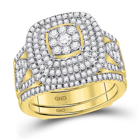 14k Yellow Gold Round Diamond Cluster Bridal Wedding Ring Set 1-1/2 Cttw