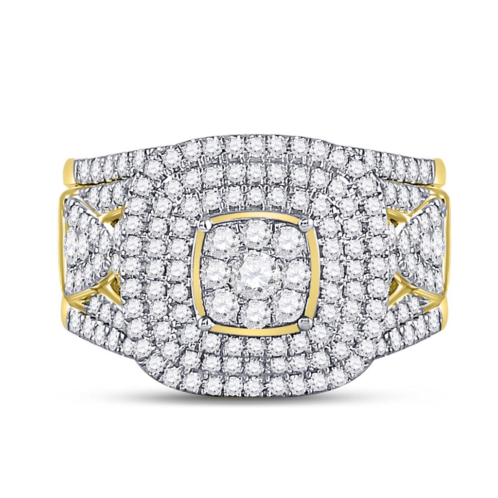 14k Yellow Gold Round Diamond Cluster Bridal Wedding Ring Set 1-1/2 Cttw