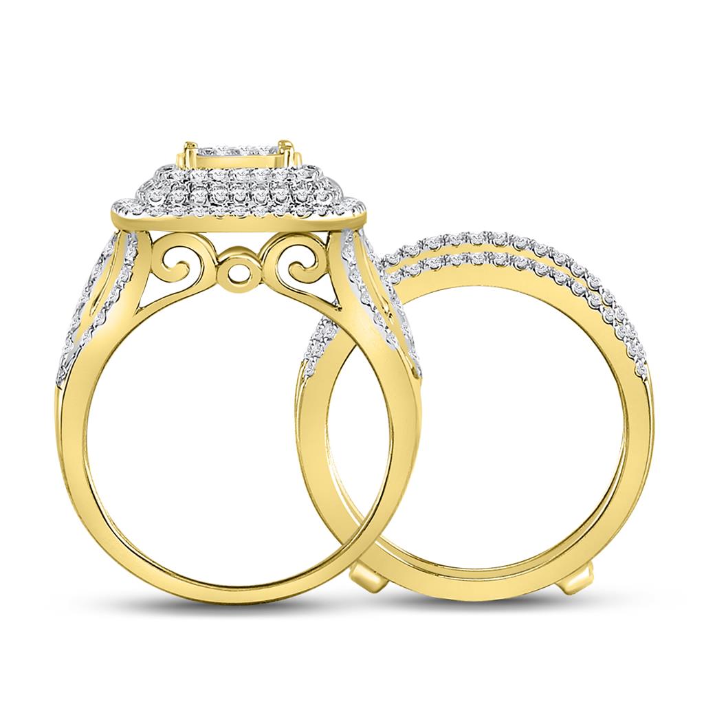 14k Yellow Gold Round Diamond Cluster Bridal Wedding Ring Set 1-1/2 Cttw