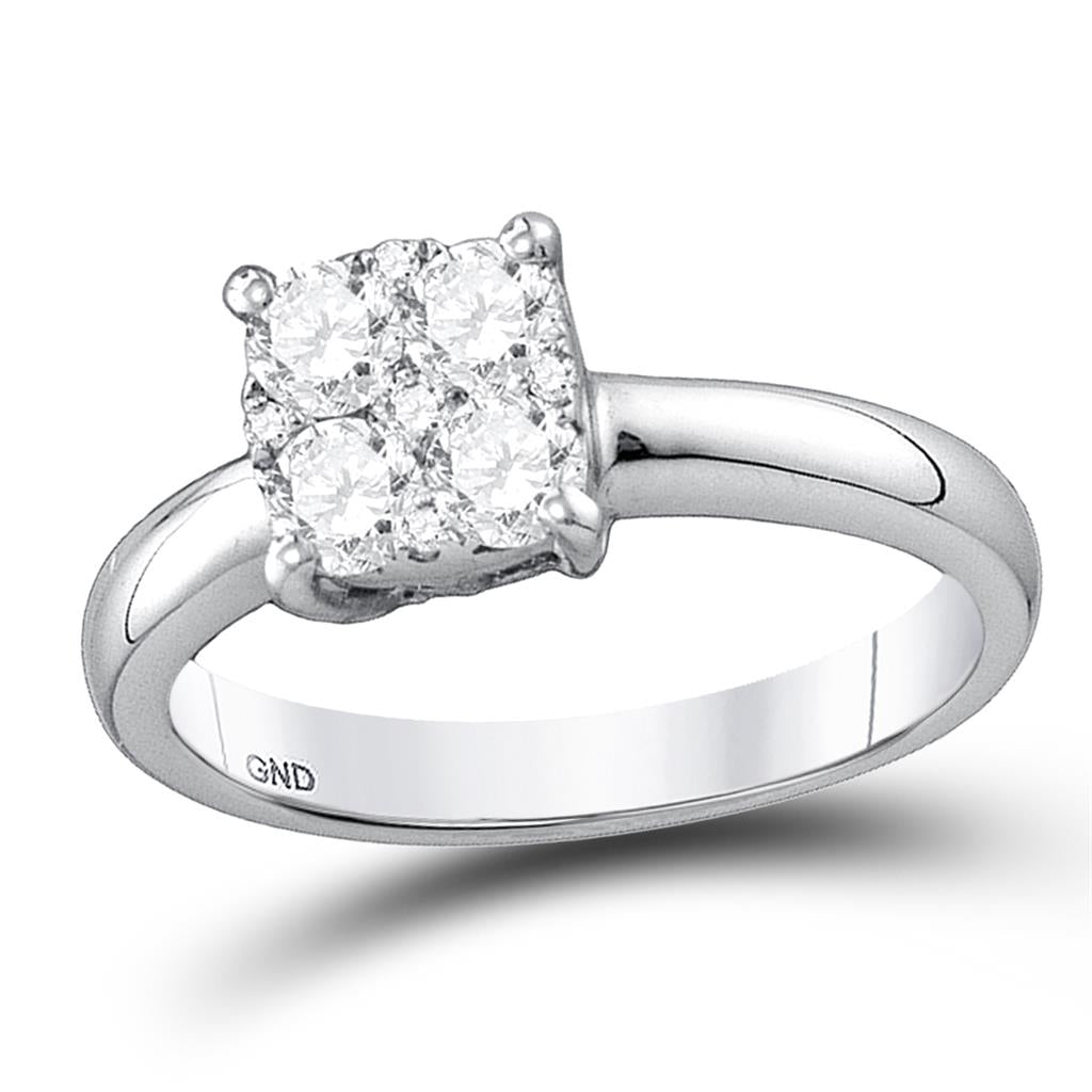 18k White Gold Round Diamond Cluster Bridal Engagement Ring 7/8 Cttw