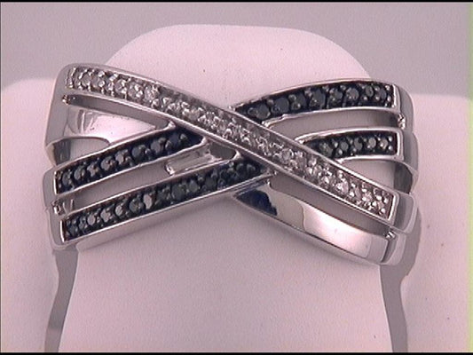 14k White Gold Round Black Diamond Crossover Band Ring 1/5 Cttw