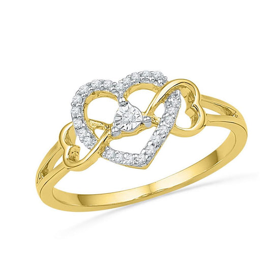 10k Yellow Gold Round Diamond Triple Heart Solitaire Ring 1/10 Cttw