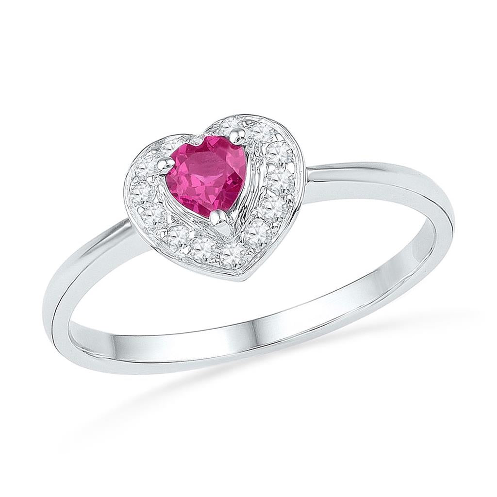 14k White Gold Round Created Pink Sapphire Heart Ring 1/10 Cttw