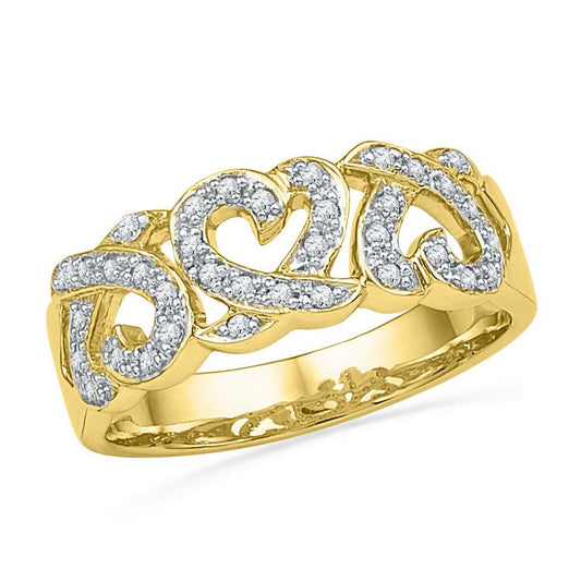 10k Yellow Gold Round Diamond Triple Heart Band Ring 1/5 Cttw
