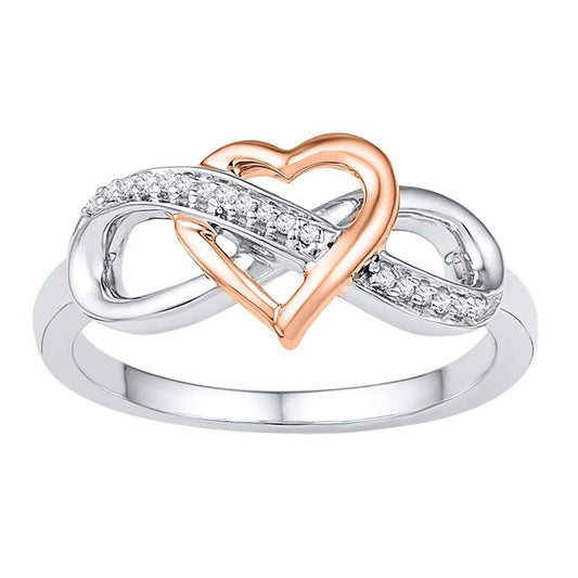 14k White Gold Round Diamond Rose-tone Heart Infinity Ring 1/20 Cttw