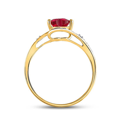 10k Yellow Gold Heart Created Ruby Solitaire Diamond Bypass Ring 1 Cttw