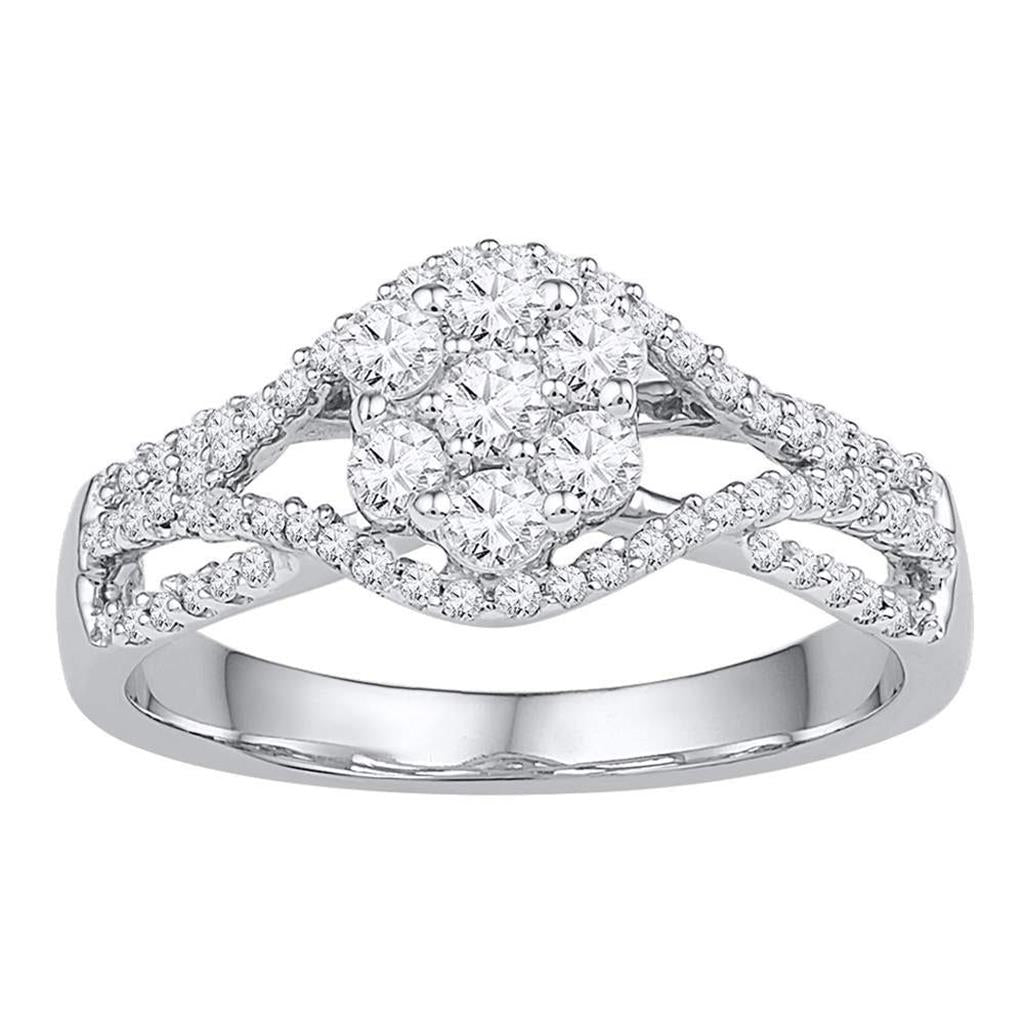14k White Gold Round Diamond Flower Cluster Ring 1/2 Cttw