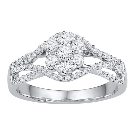 14k White Gold Round Diamond Flower Cluster Ring 1/2 Cttw
