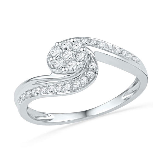 14k White Gold Round Diamond Flower Cluster Curved Ring 1/3 Cttw