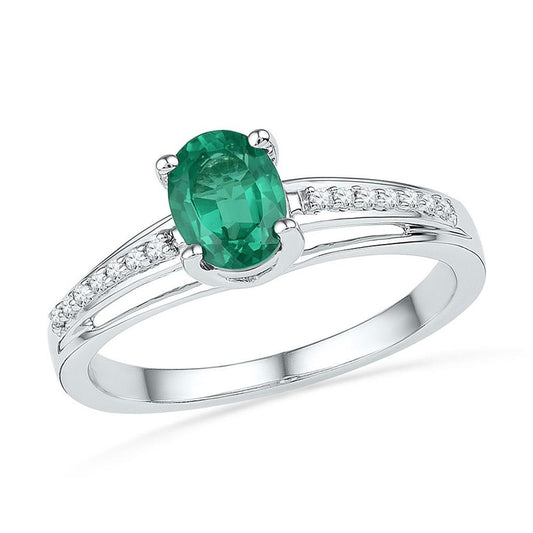 14k White Gold Oval Created Emerald Solitaire Ring 1/12 Cttw