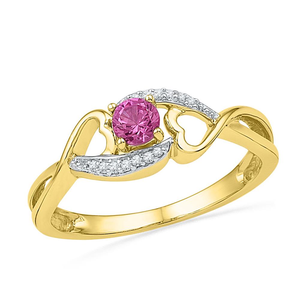 10k Yellow Gold Round Created Pink Sapphire Diamond Heart Ring 1/20 Cttw