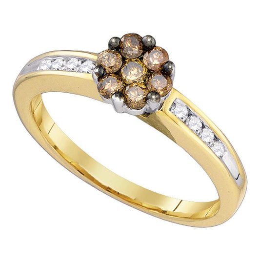10k Yellow Gold Round Brown Diamond Flower Cluster Ring 1/2 Cttw