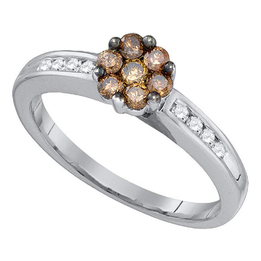 14k White Gold Round Brown Diamond Flower Cluster Ring 1/2 Cttw