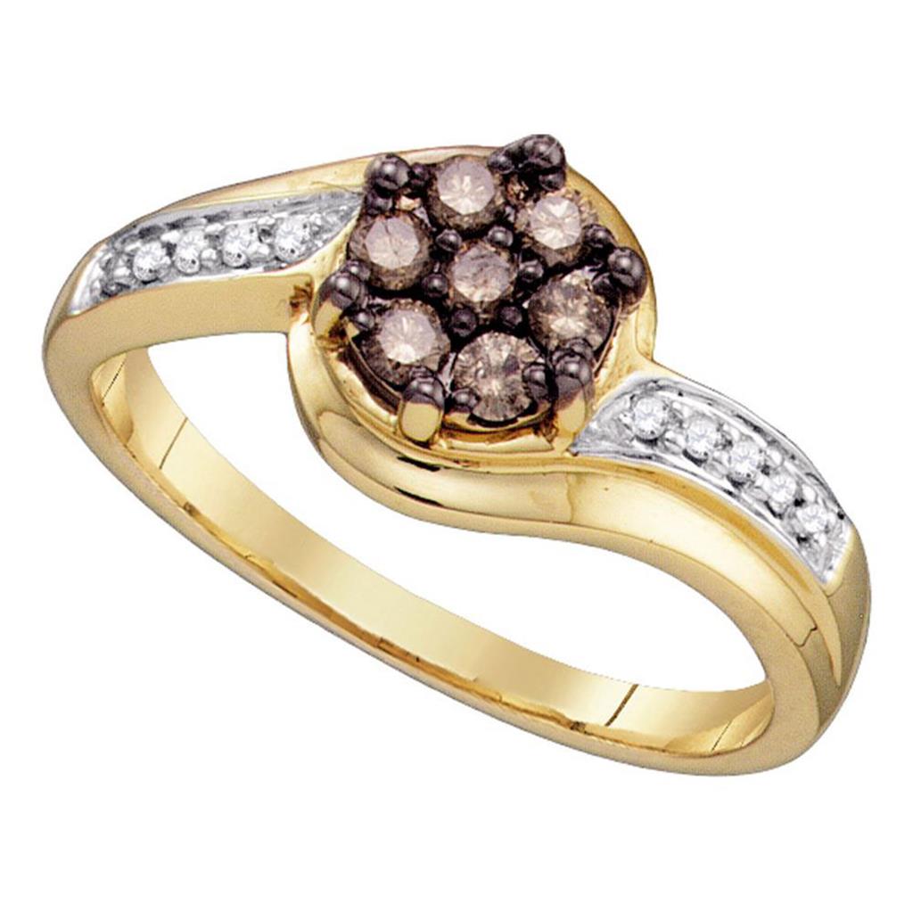 10k Yellow Gold Round Brown Diamond Flower Cluster Ring 1/3 Cttw