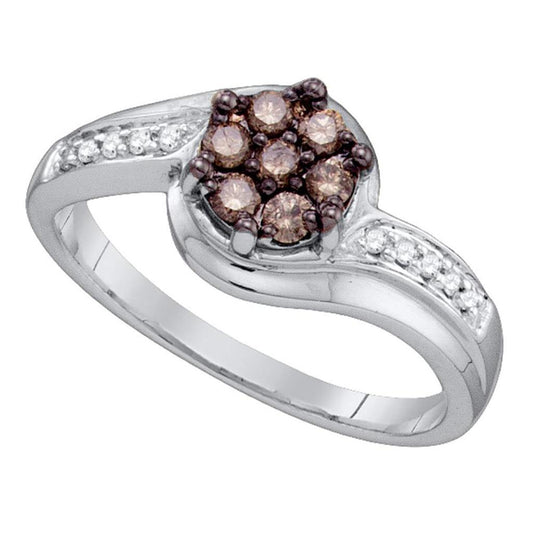 14k White Gold Round Brown Diamond Flower Cluster Ring 1/3 Cttw