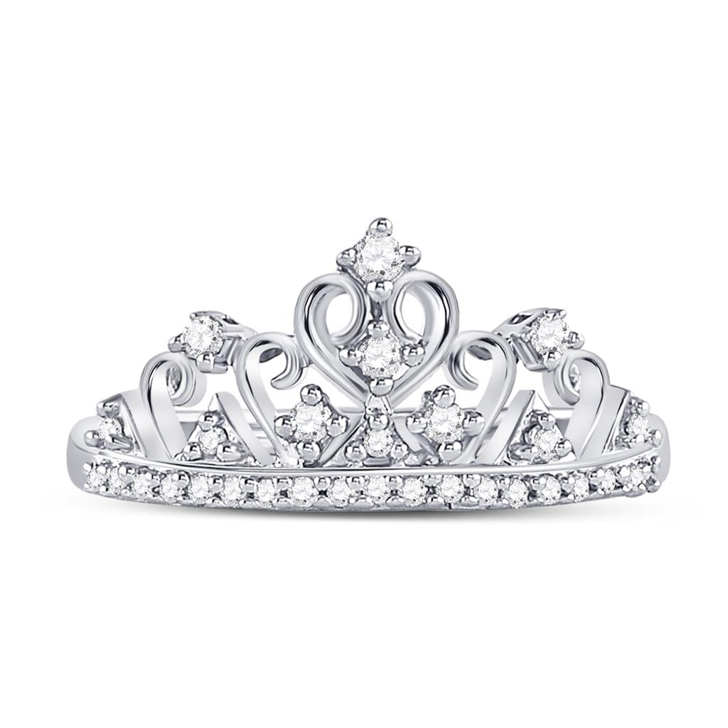 14k White Gold Round Diamond Crown Tiara Band Ring 1/5 Cttw