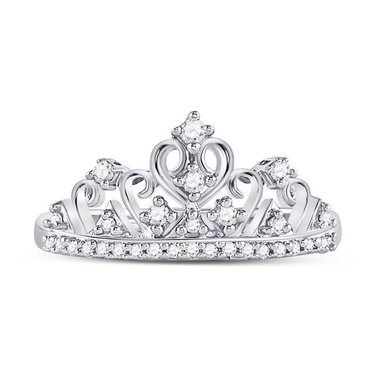14k White Gold Round Diamond Crown Tiara Band Ring 1/5 Cttw