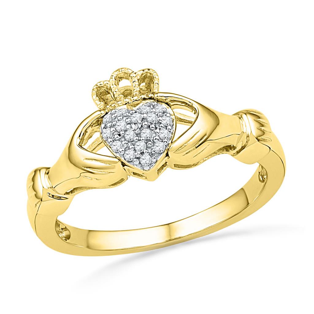 10k Yellow Gold Round Diamond Claddagh Hands Heart Cluster Ring 1/20 Cttw