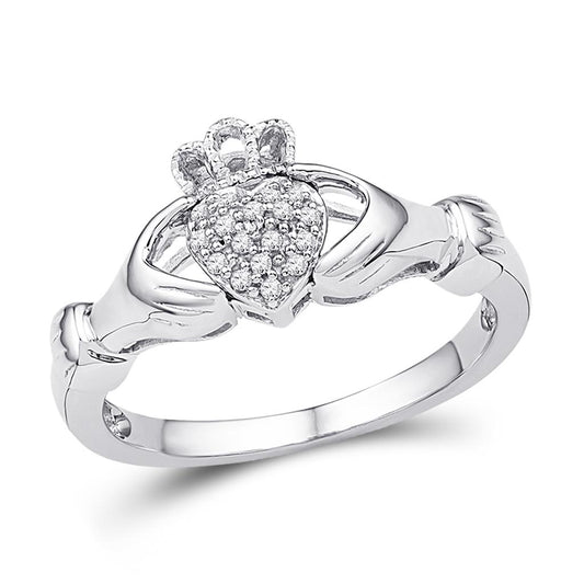 14k White Gold Round Diamond Claddagh Hands Heart Cluster Ring 1/20 Cttw
