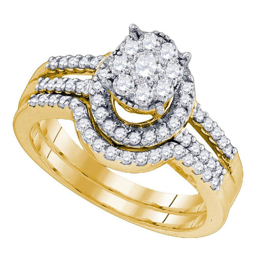 10k Yellow Gold Round Diamond Cluster Bridal Wedding Ring Set 3/4 Cttw