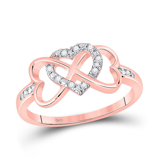 10k Rose Gold Round Diamond Triple Heart Infinity Ring 1/10 Cttw