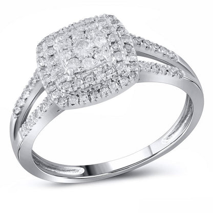 14k White Gold Round Diamond Square Flower Cluster Ring 1/2 Cttw