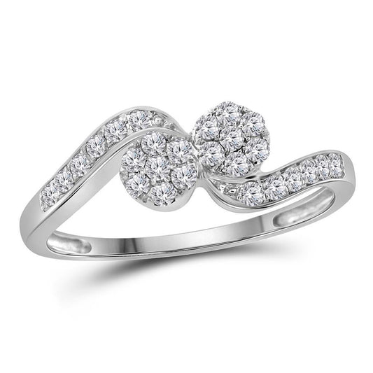 14k White Gold Round Diamond Double Flower Cluster Ring 1/3 Cttw