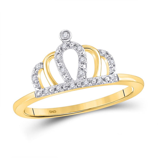 10k Yellow Gold Round Diamond Crown Tiara Princess Band Ring 1/20 Cttw