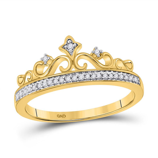 10k Yellow Gold Round Diamond Crown Tiara Band Ring 1/10 Cttw