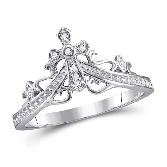 14kt White Gold Round Diamond Cross Crown Tiara Band Ring 1/20 Cttw