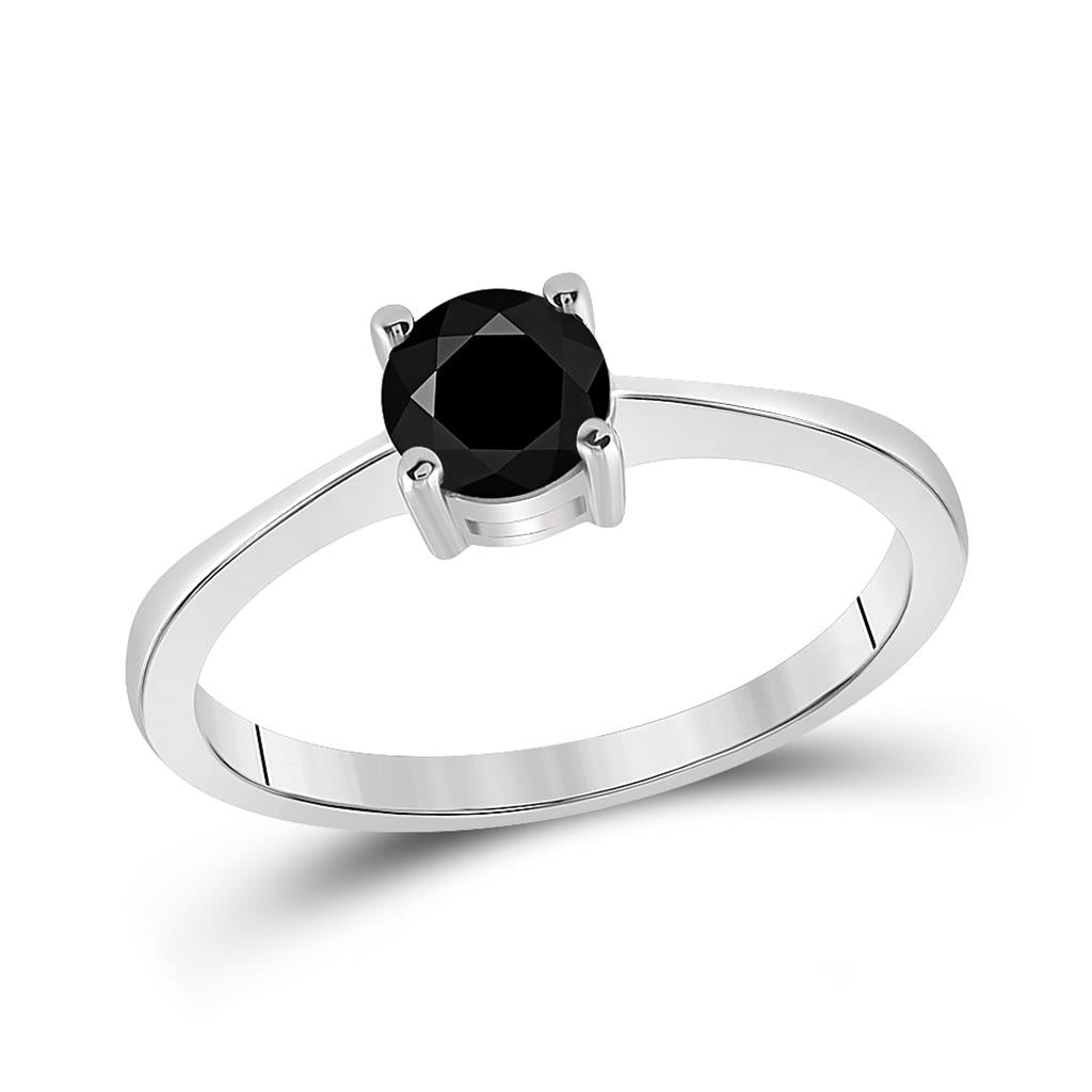 14k White Gold Round Black Diamond Solitaire Bridal Engagement Ring 3/4 Cttw