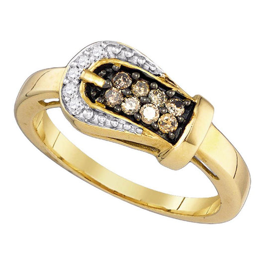 10k Yellow Gold Round Brown Diamond Belt Buckle Ring 1/4 Cttw