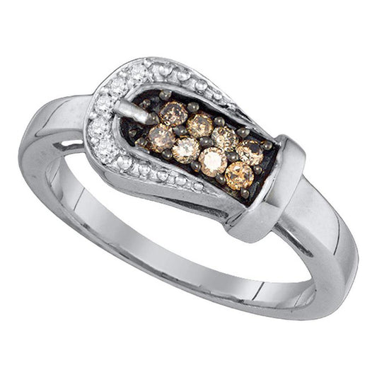 14k White Gold Round Brown Diamond Belt Buckle Ring 1/4 Cttw