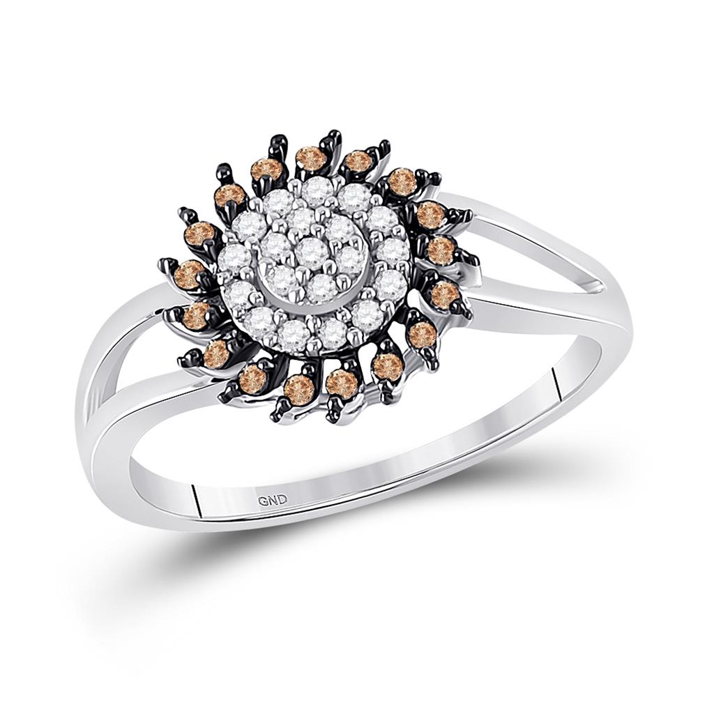 14k White Gold Round Brown Diamond Flower Cluster Ring 1/4 Cttw