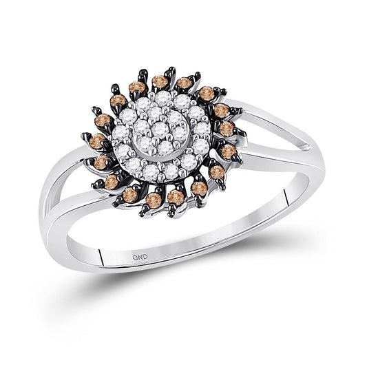 14k White Gold Round Brown Diamond Flower Cluster Ring 1/4 Cttw