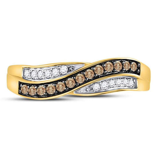 10k Yellow Gold Round Brown Diamond Crossover Band Ring 1/4 Cttw Size 10