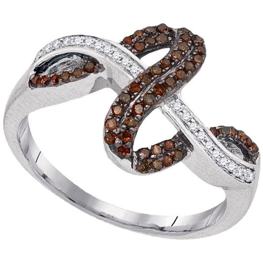 14k White Gold Round Brown Diamond Crossover Fashion Ring 1/4 Cttw