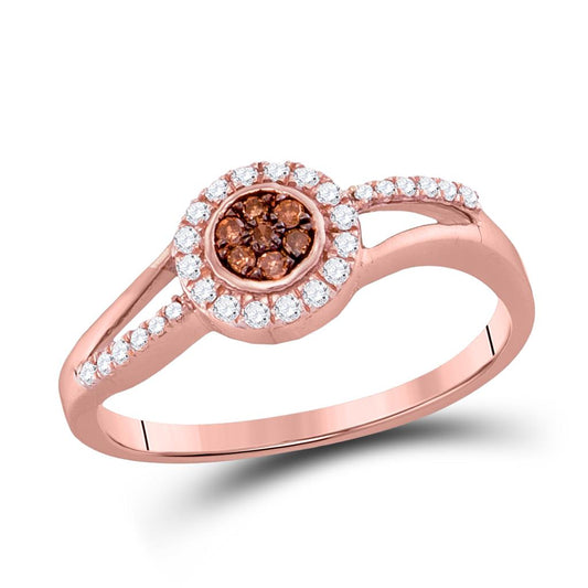 10k Rose Gold Round Brown Diamond Flower Cluster Ring 1/4 Cttw
