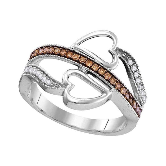14k White Gold Round Brown Diamond Heart Crossover Ring 1/5 Cttw