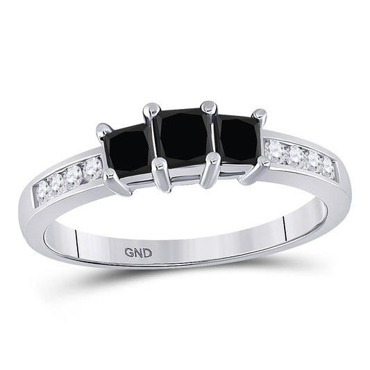 14k White Gold Princess Black Diamond 3-stone Bridal Engagement Ring 7/8 Cttw