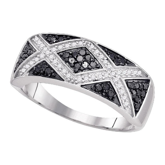 14k White Gold Round Black Diamond Chevron Band Ring 3/8 Cttw