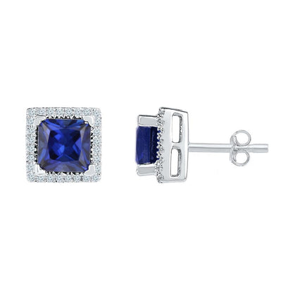14k White Gold Princess Created Blue Sapphire Stud Earrings 2 Cttw
