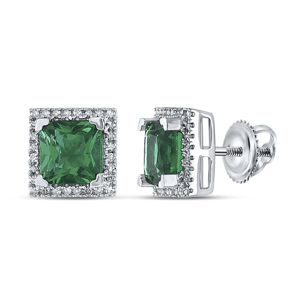 Sterling Silver Princess Created Emerald Solitaire Stud Earrings 1-3/4 Cttw
